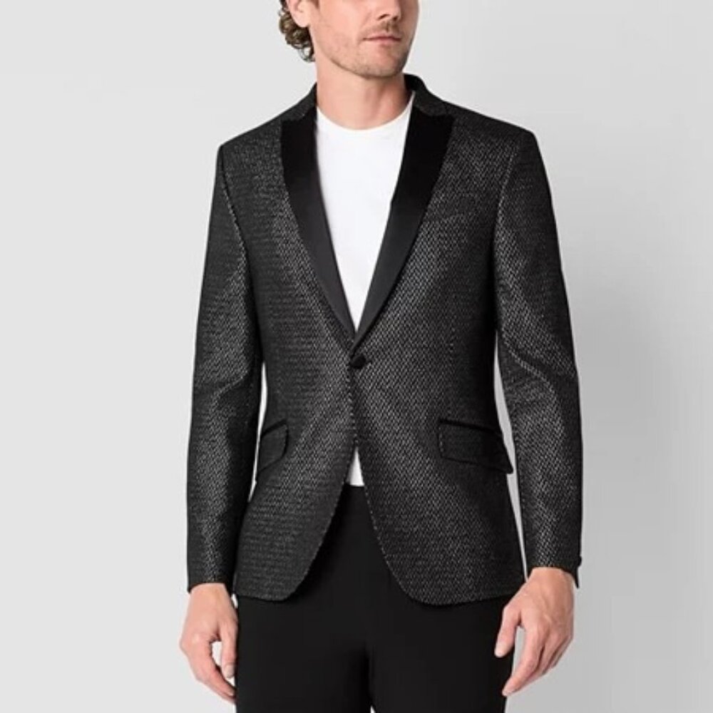 J. Ferrar Mens Slim Chevron Stretch Fabric Slim Fit Tuxedo Jacket, 38 Regular, B